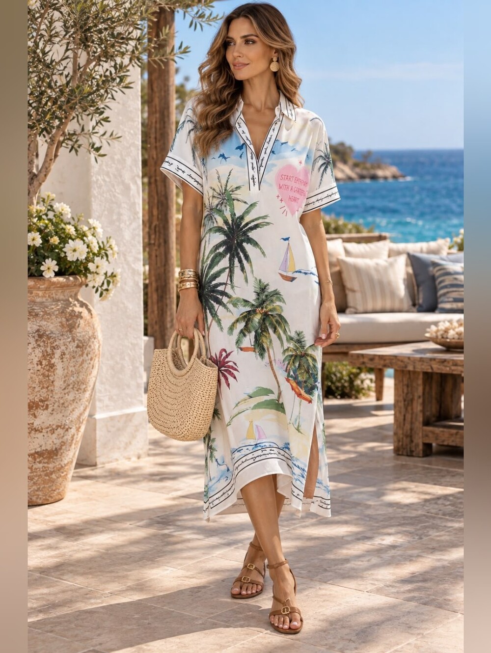 39 Made In Italy Tropical Linen Blend Women's White Print Cover-Up Dress